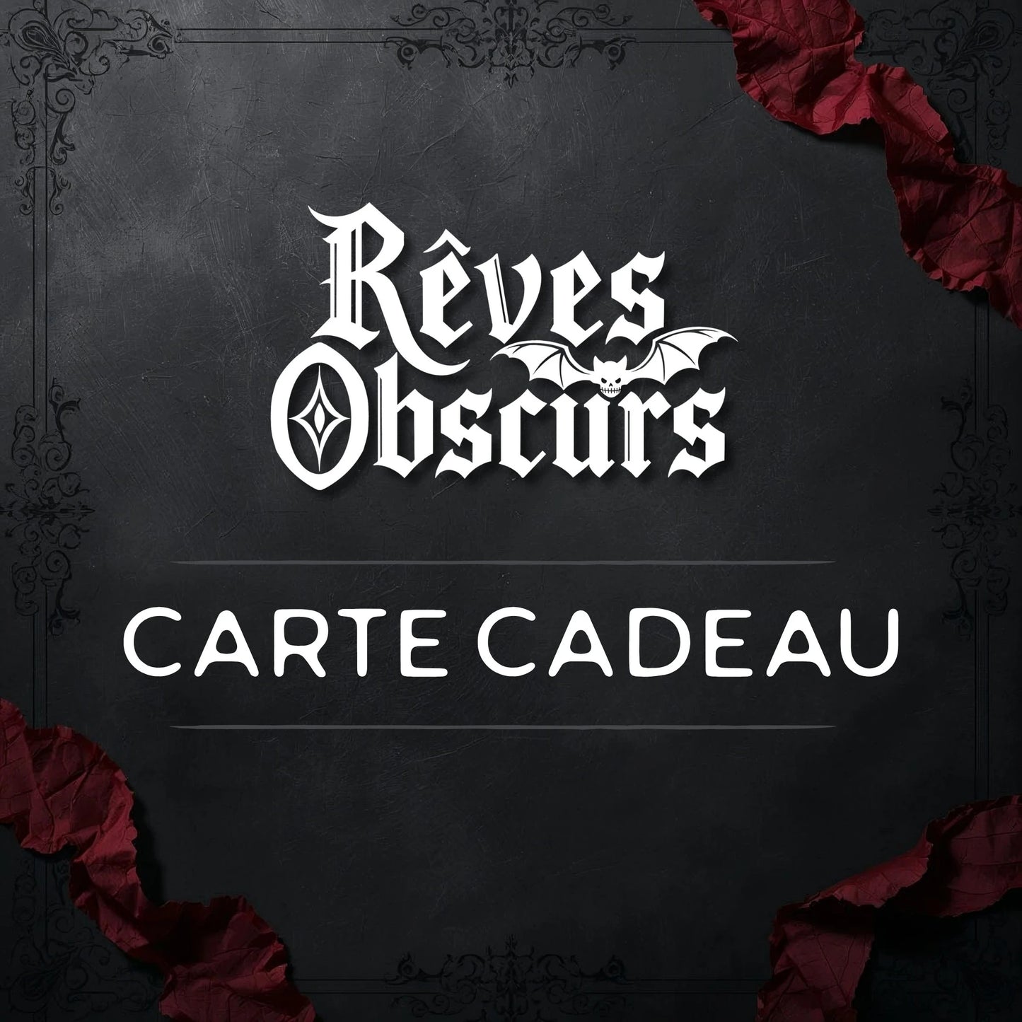 Carte-cadeau Rêves Obscurs avec un arrière plan gris orné de tissu rouge dans les coins