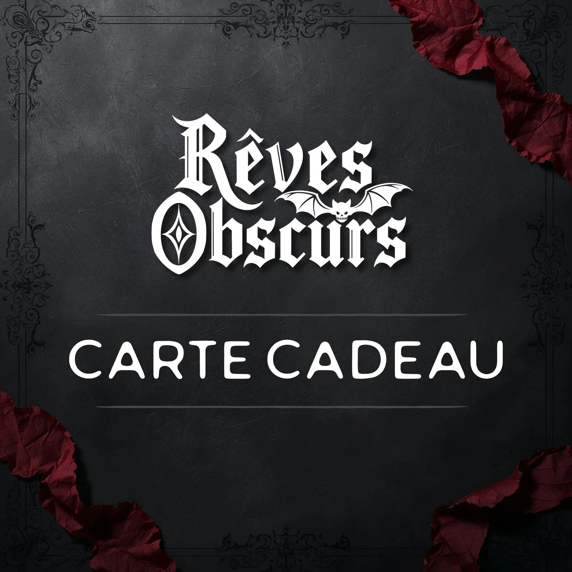 Carte-cadeau Rêves Obscurs avec un arrière plan gris orné de tissu rouge dans les coins