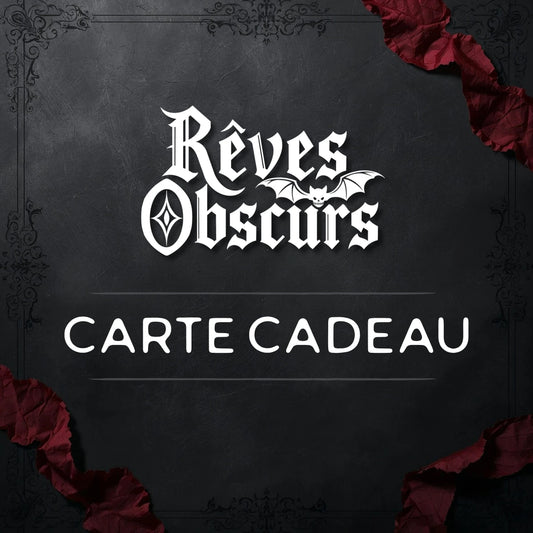 Carte-cadeau Rêves Obscurs avec un arrière plan gris orné de tissu rouge dans les coins